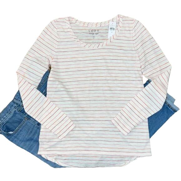 LOFT Tops - NWT LOFT White W/Pink, Orange & Red Stripes Long Sleeve Cotton Tee - SIZE SMALL